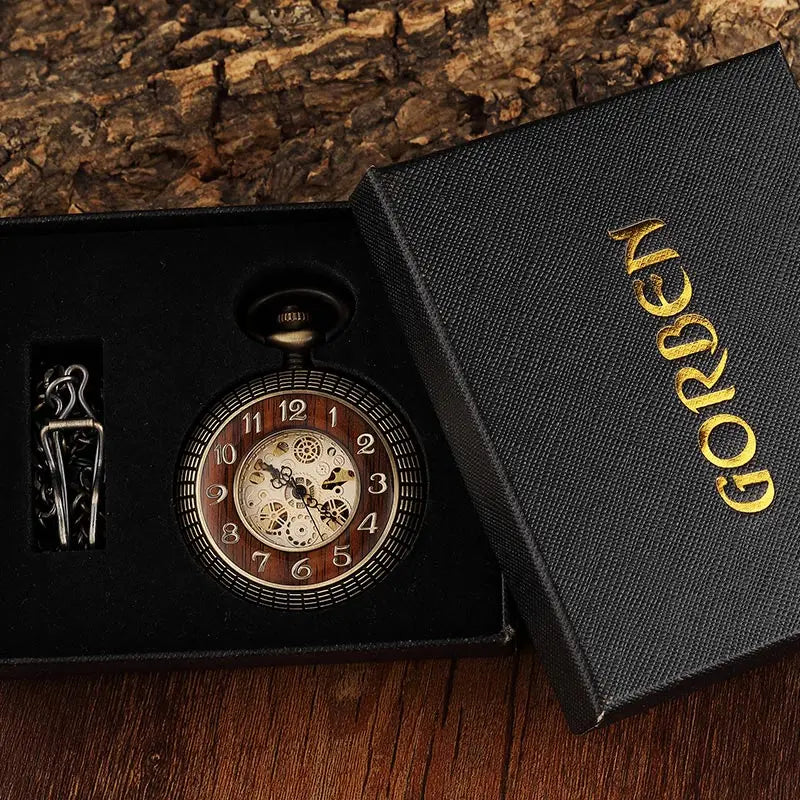 Solid Wood Mechanical Pocket Watch FOB Chain Locket Dial Hollow Steampunk Skeleton Men Women Mens Male Clock Watches Box Package