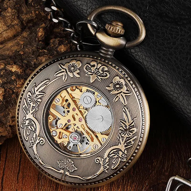 Solid Wood Mechanical Pocket Watch FOB Chain Locket Dial Hollow Steampunk Skeleton Men Women Mens Male Clock Watches Box Package