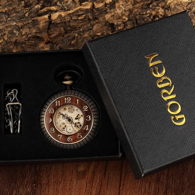 Solid Wood Mechanical Pocket Watch FOB Chain Locket Dial Hollow Steampunk Skeleton Men Women Mens Male Clock Watches Box Package