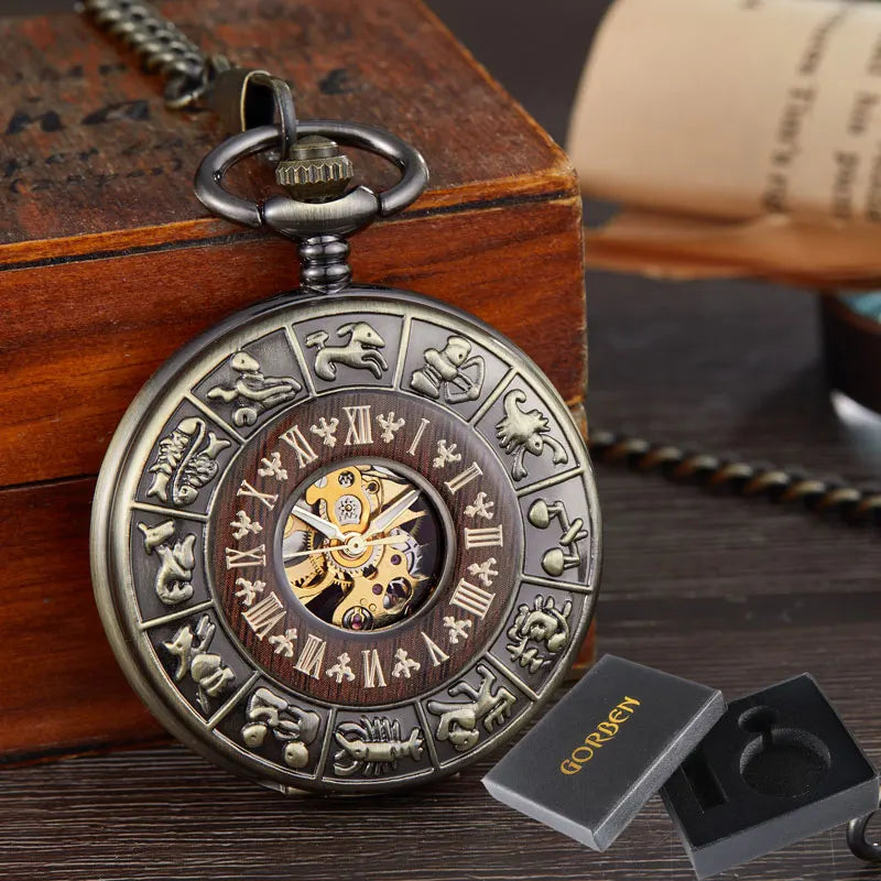 Solid Wood Mechanical Pocket Watch FOB Chain Locket Dial Hollow Steampunk Skeleton Men Women Mens Male Clock Watches Box Package