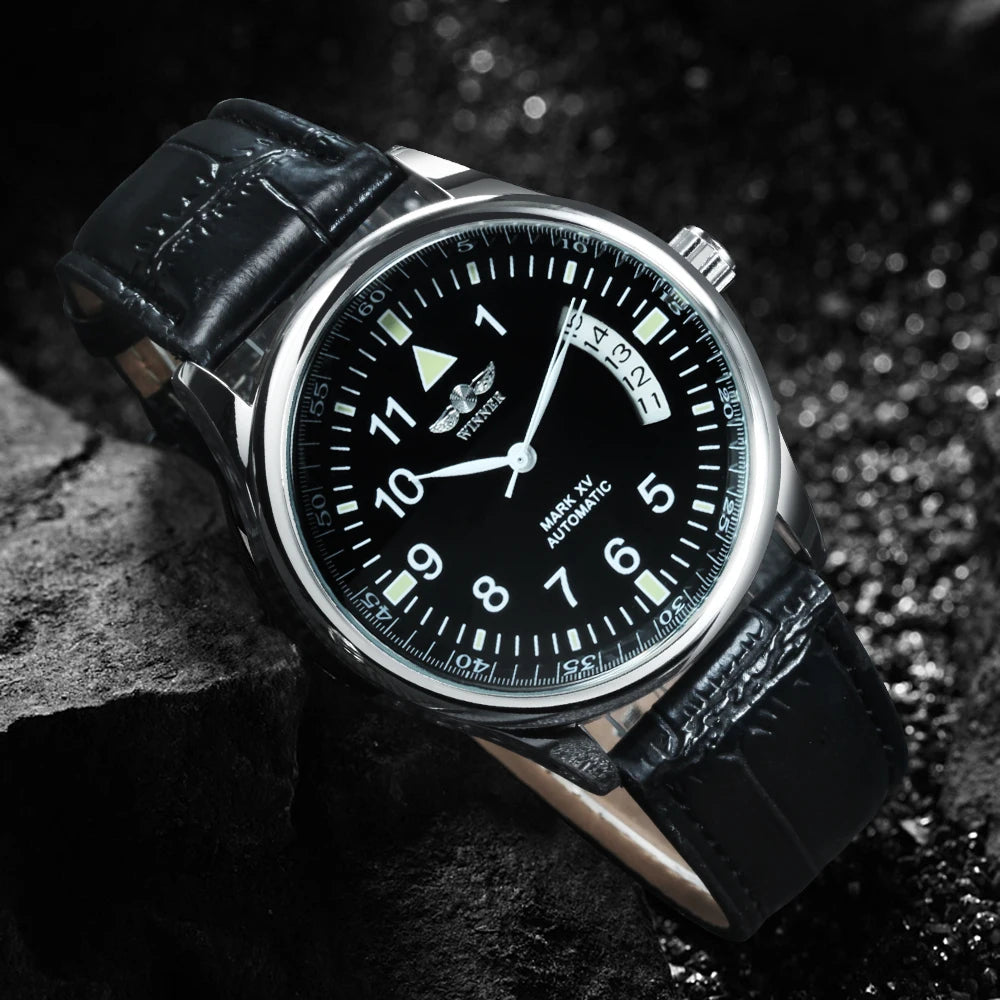 WINNER Business Automatic Watch for Men Fashion Calendar Black Minimalist Dial Mechanical Watches Stainless Steel Leather Strap
