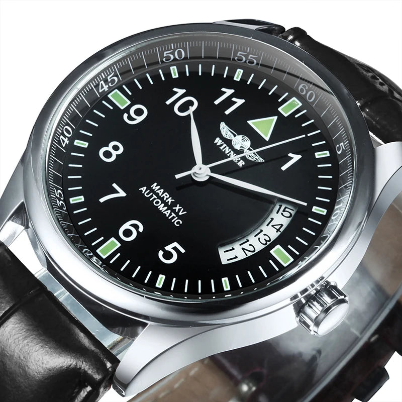 WINNER Business Automatic Watch for Men Fashion Calendar Black Minimalist Dial Mechanical Watches Stainless Steel Leather Strap