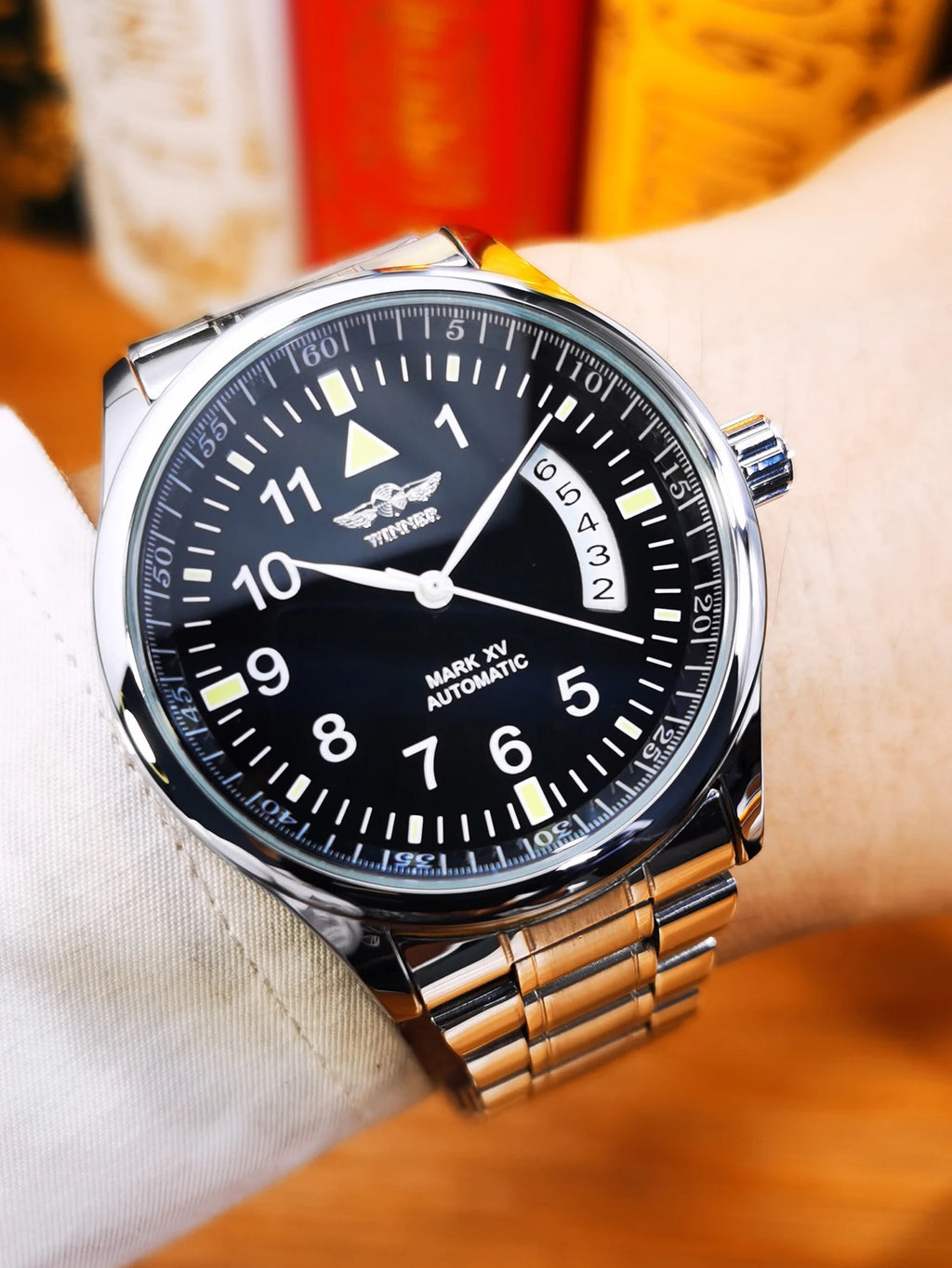 WINNER Business Automatic Watch for Men Fashion Calendar Black Minimalist Dial Mechanical Watches Stainless Steel Leather Strap