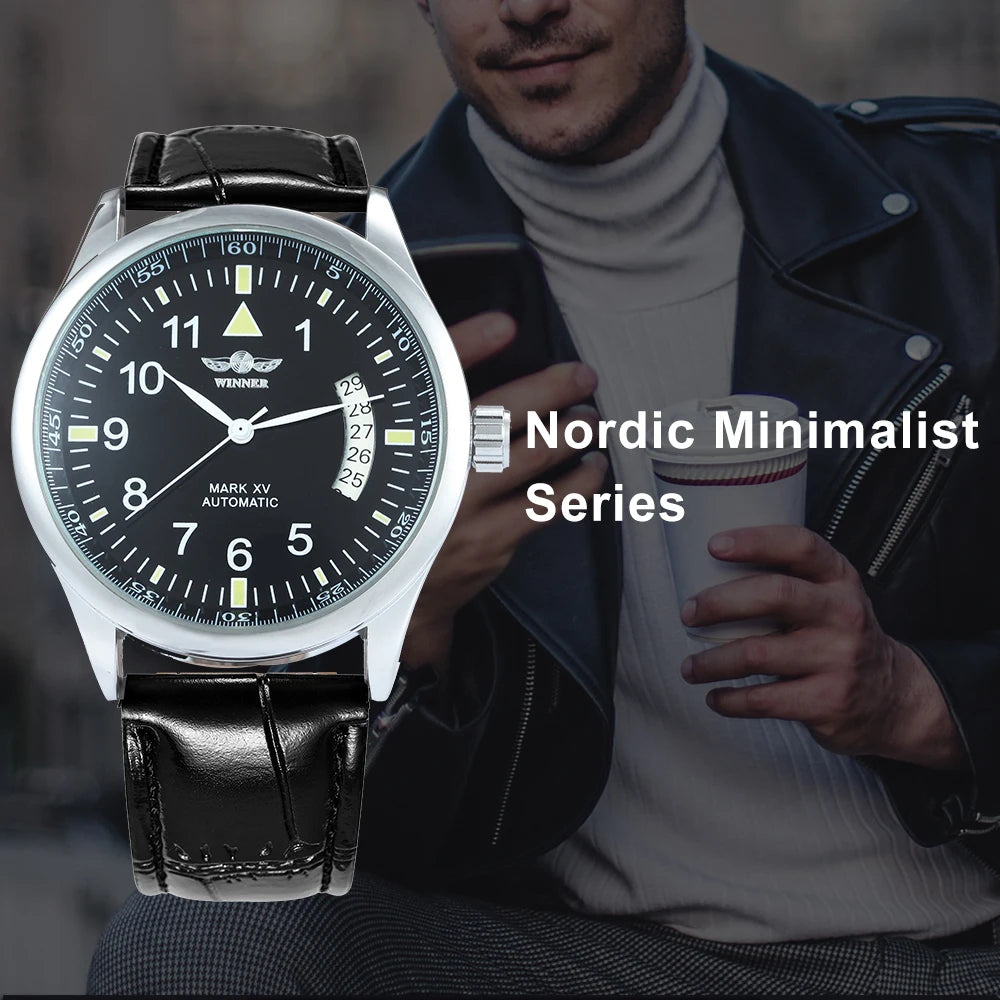 WINNER Business Automatic Watch for Men Fashion Calendar Black Minimalist Dial Mechanical Watches Stainless Steel Leather Strap