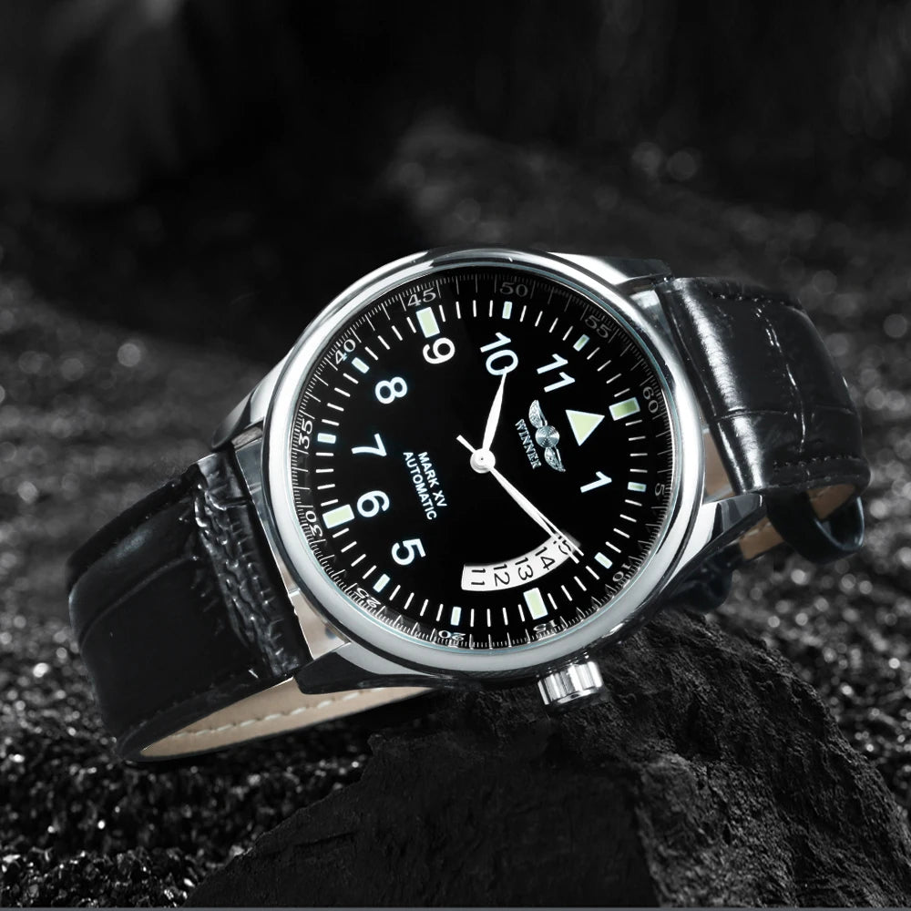 WINNER Business Automatic Watch for Men Fashion Calendar Black Minimalist Dial Mechanical Watches Stainless Steel Leather Strap