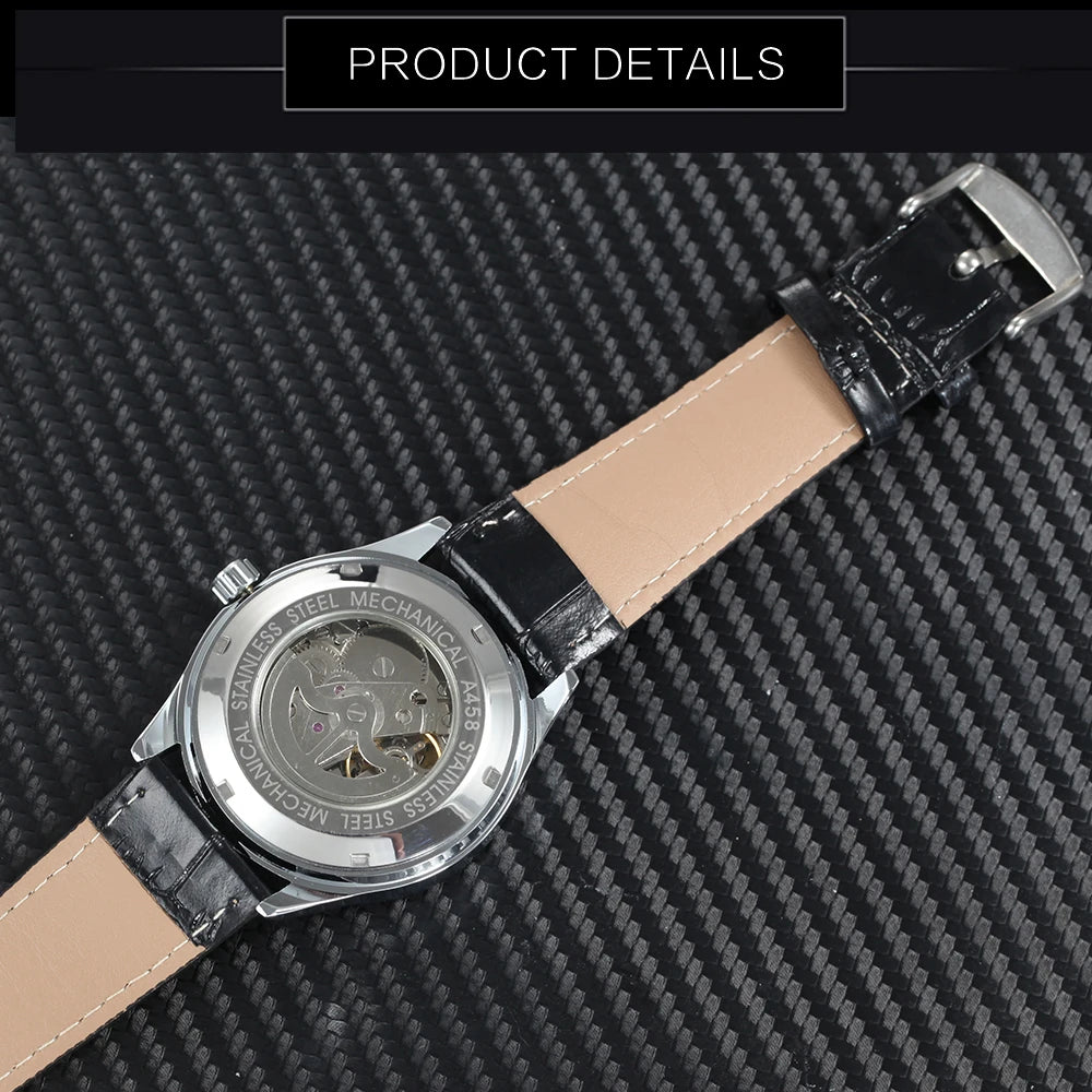 WINNER Business Automatic Watch for Men Fashion Calendar Black Minimalist Dial Mechanical Watches Stainless Steel Leather Strap