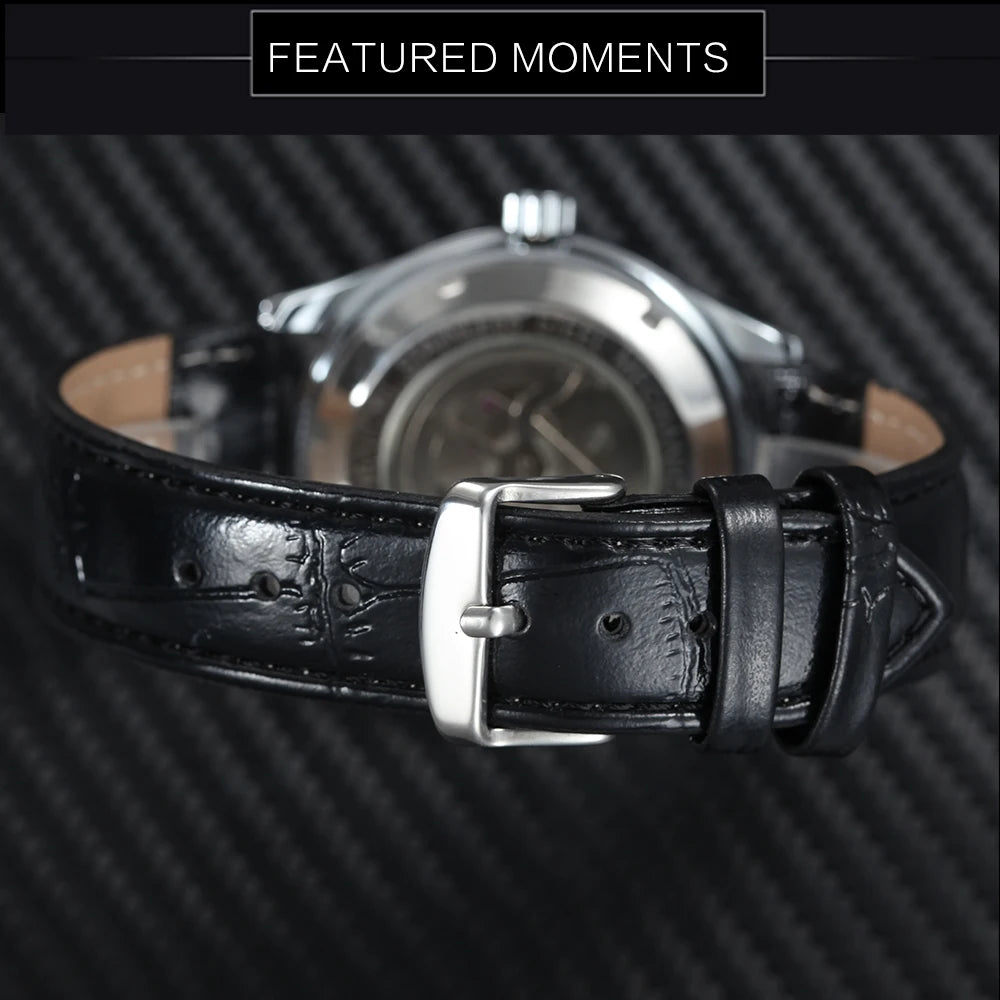 WINNER Business Automatic Watch for Men Fashion Calendar Black Minimalist Dial Mechanical Watches Stainless Steel Leather Strap