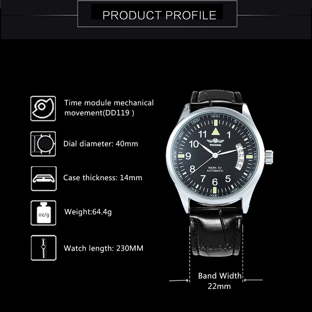 WINNER Business Automatic Watch for Men Fashion Calendar Black Minimalist Dial Mechanical Watches Stainless Steel Leather Strap