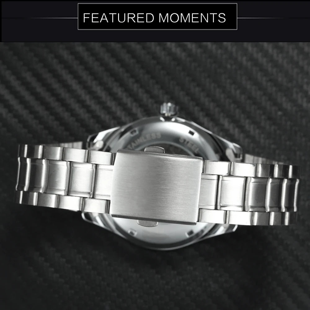 WINNER Business Automatic Watch for Men Fashion Calendar Black Minimalist Dial Mechanical Watches Stainless Steel Leather Strap