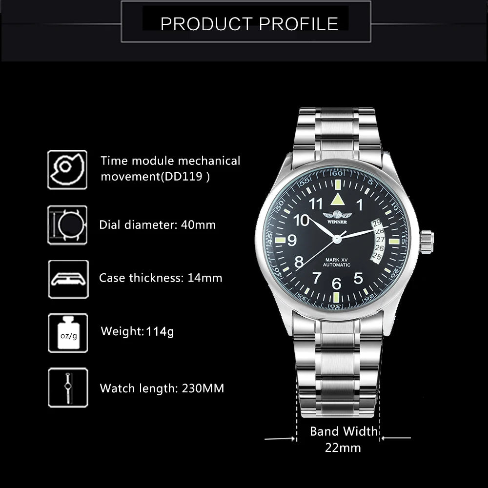 WINNER Business Automatic Watch for Men Fashion Calendar Black Minimalist Dial Mechanical Watches Stainless Steel Leather Strap