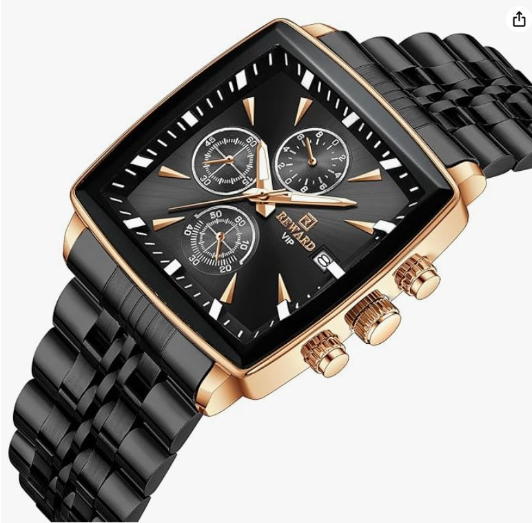 REWARD 81100M Luxury Square Men’s Watch – Stainless Steel, Waterproof, Chronograph & Luminous Dial