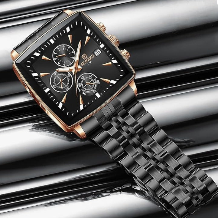 REWARD 81100M Luxury Square Men’s Watch – Stainless Steel, Waterproof, Chronograph & Luminous Dial