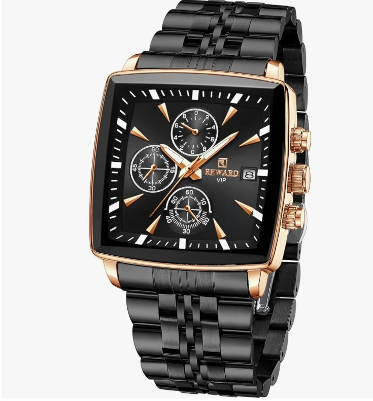 REWARD 81100M Luxury Square Men’s Watch – Stainless Steel, Waterproof, Chronograph & Luminous Dial